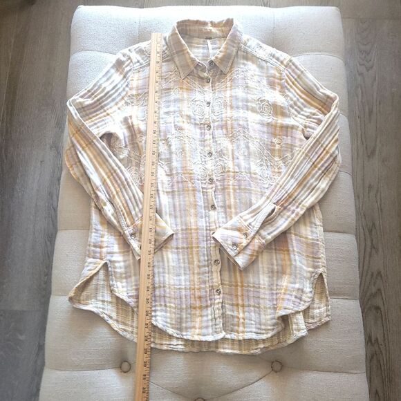 Free People Magical Plaid Embroidered Button Long Sleeve Top Gray & Orange Small - Picture 11 of 12